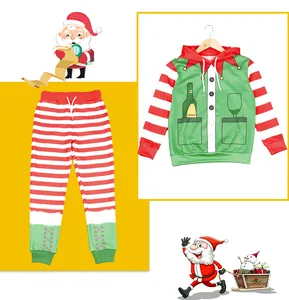 Detail of Christmas elf kids hoodie and striped trousers set with 3D digital cartoon print