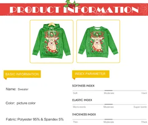 Detailed fabric specification for Christmas hoodie with reindeer print and material data