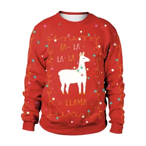Red Christmas sweatshirt with llama print and decorative colorful holiday lights