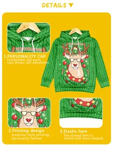 Detail view of green Christmas hoodie with reindeer print and adjustable drawstring