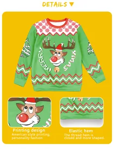 Détails de l'imprimé renne de Noël et de l'ourlet élastique sur le sweat-shirt vert