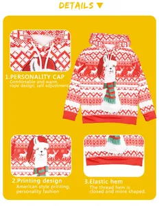 Detail view of kids Christmas llama hoodie with festive snowflake patterns and ribbed hem