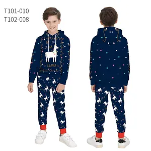 Vorder- und Rückseite des blauen Weihnachts-Hoodie-Sets mit Lama-Motiv für Kinder