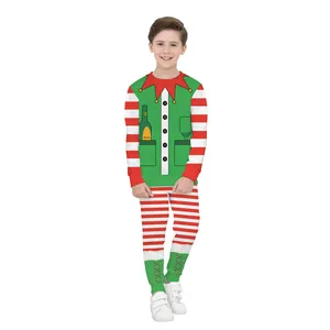 Kids Christmas pajamas set with long sleeves and festive cartoon prints in red and green