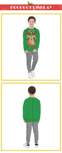 Front and back view of green Christmas sweatshirt featuring a festive elk with sunglasses