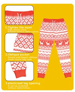 Detail of Christmas kids joggers featuring elk patterns, elastic waist, and ribbed cuffs