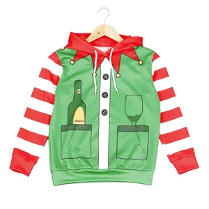 Kids Christmas 3D digital print hoodie featuring festive elf costume pattern and stripes