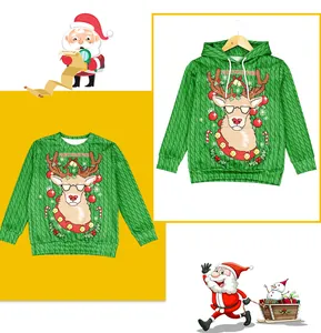 Detail view of green Christmas hoodie for kids with festive reindeer print and knit texture
