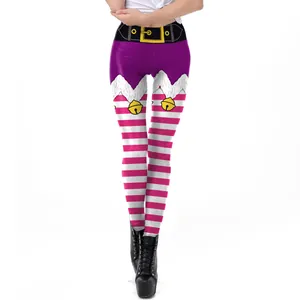 Leggings de Noël pour femmes avec imprimé rayé 3D festif et détail ceinture factice
