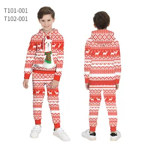 Kids Christmas tracksuit with 3D white alpaca print and snowflake patterns on red set