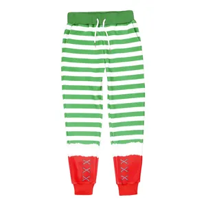 Kids Christmas striped long pants with green and white patterns and red cuff details