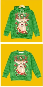 Detail of Christmas reindeer digital print on green long sleeve hoodies for kids