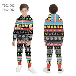Front and back view of children's Christmas hoodie set with festive 3D digital prints