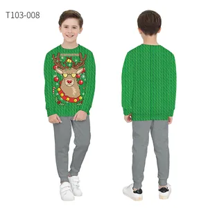 Vorder- und Rückansicht von grünem Kinder-Weihnachtssweatshirt mit 3D-Rentier