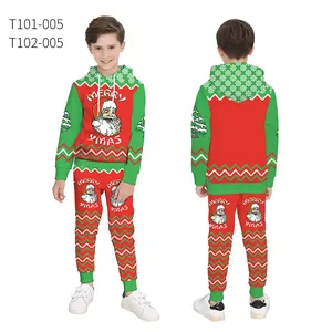 Front and back view of kids Christmas set featuring Santa print and Merry Xmas text