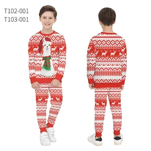 Kids Christmas pajama set with 3D white alpaca print and Nordic snowflake patterns
