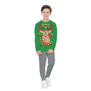 Kids Christmas Reindeer Pixel Print Long Sleeve Top and Pants Outfit Green Hoodie Sweatshirt Suit Holiday Party Casual Clothes