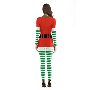 Vue arrière du body de Noël pour femme avec manches rayées et imprimé ceinture Santa