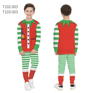 Front and back view of kids Christmas elf costume with festive stripes and patterns