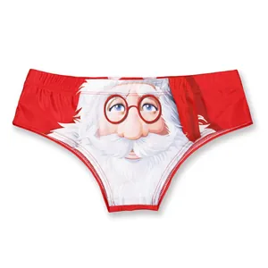 Women's sexy red Santa Claus print Christmas briefs made of high-elasticity fabric