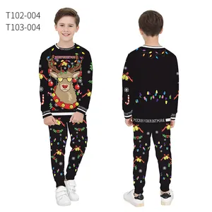 Front and back view of kids Christmas pajama set with reindeer and holiday lights print