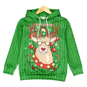 Green Christmas kids hoodie with reindeer pixel art and Merry Christmas print