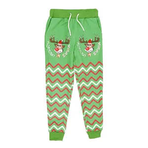 Pantalon de jogging de Noël vert avec motifs rennes et vagues rouges pour enfants