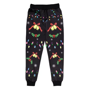 Pantaloni jogger natalizi per bambini con campane festive e stampa di luci colorate