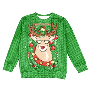 Kids Christmas green hoodie with pixel reindeer print and Merry Christmas text