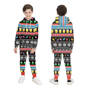Kids Christmas Clothing Set 3D Llama Print Hooded Sweatshirt And Pants Two Piece Outfit For Boys Girls Festive Pajamas