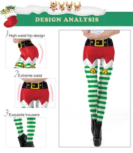 Detail analysis showing high waist design and holiday pattern on Christmas leggings