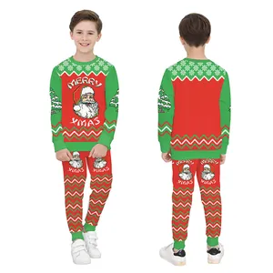 Kids Christmas pajama set with 3D Santa print and green wave pattern joggers