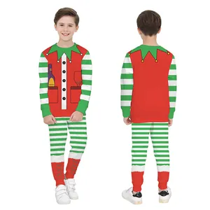 Kids Christmas elf themed long sleeve outfit set with festive red and green alpaca prints