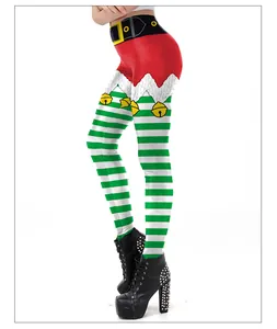 Detail view of Christmas elf leggings with green and white stripes and belt print