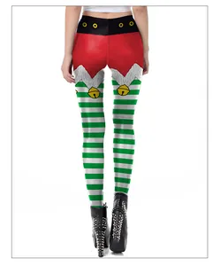 Back view of Christmas elf leggings featuring green white stripes and holiday belt pattern