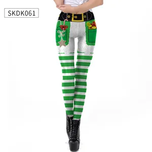 Detail of Christmas elf leggings showing green white stripes and holiday belt print
