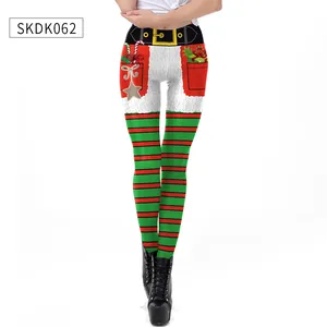 Detail of Christmas leggings featuring festive patterns, red green stripes and waist print