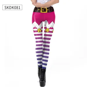 Detail view of Christmas leggings with elf belt print and purple striped pattern