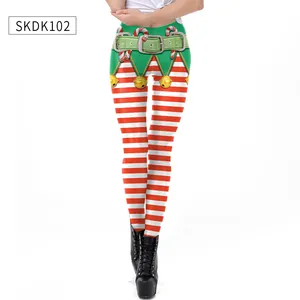 Detail of Christmas leggings with elf belt waist and red white striped pattern