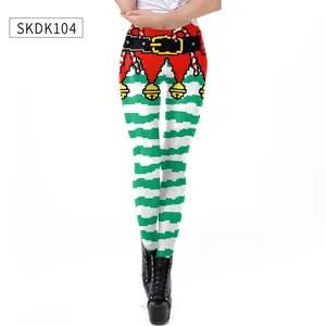 Detail of Christmas leggings featuring pixel art Santa belt and 3D stripe patterns
