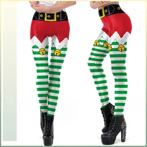 Women Christmas Elf Printed Leggings Polyester Spandex High Waist 3D Stripe Tights For Holiday Party Celebration Jewelry