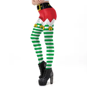 Women Christmas elf leggings with green and white stripes and high waist design