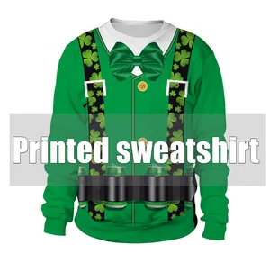 Close-up of St. Patrick's Day themed 3D print on green sweatshirt with clover patterns