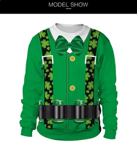 Detail of St. Patrick's Day green sweatshirt with shamrock vest and beer can print