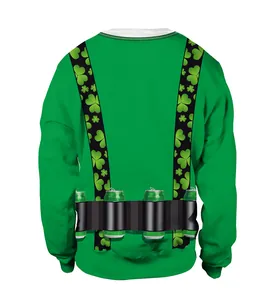 Detailed back view of green St. Patrick's Day sweatshirt with clover and beer belt print