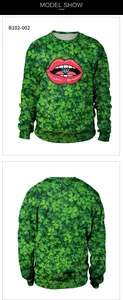 Front and back view of St. Patrick's Day sweatshirt with clover print and lip graphic