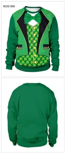 Detailed front and back view of St. Patrick's Day green sweatshirt with clover tuxedo print