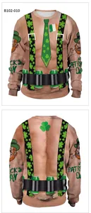 Front and back detail of St. Patrick's Day sweatshirt with 3D clover clover suspenders print