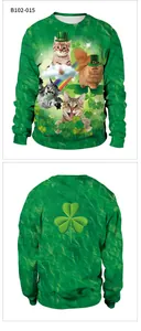 Front and back view of St. Patrick's Day green sweatshirt with cat and clover graphics