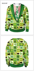 Front and back view of 3D St. Patrick's Day sweatshirt with festive clover suit print